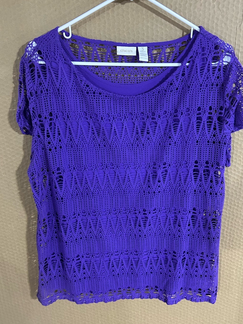 Chico's Vivid Purple Crochet Short Sleeve Tee